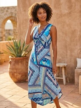 *Chico’s Blue Print‎ Handkerchief Hem Maxi Dress Size 1 (8–10) Stretch